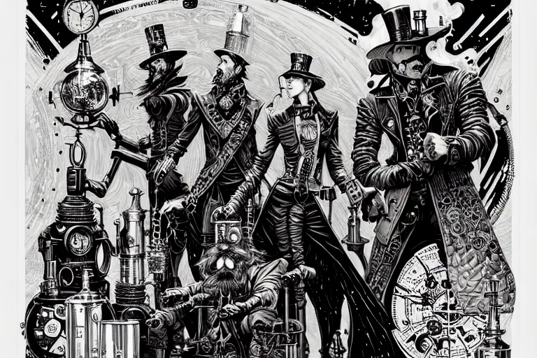 Image similar to a majestic steampunk alchemist wizard table, high details, bold line art, by vincent di fate and joe fenton, inking, etching, screen print, masterpiece, trending on artstation, sharp, high contrast, hyper - detailed, clean strokes, hd, 4 k, 8 k