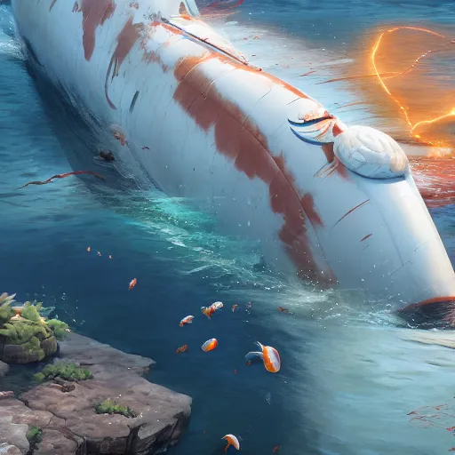 Image similar to subsurface scattering, white, giant submarine, koi colors, no koi, octane render, jesper ejsing, justin gerard, james jean, tomasz alen kopera, cgsociety, fenghua zhong, makoto shinkai, highly detailed, rim light, art, cinematic lighting, very coherent, hyper realism, 8 k