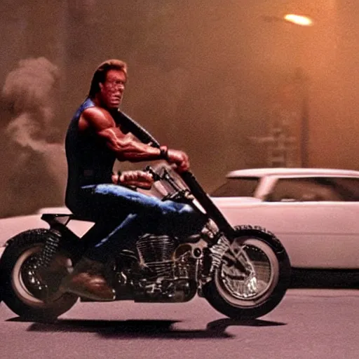 Image similar to A realistic photograph of Arnold Schwarzenegger as terminator riding a skateboard smoking cigar, gloomy, action, ambient lighting,