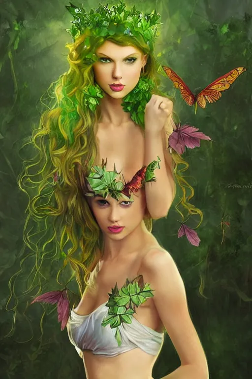 Prompt: portrait of a beautiful young taylor swift as titania, summer queen. faerie queen. queen of light, green, poison ivy, made by caravaggio stanley artgerm lau wlop rossdraws artstation cgsociety concept art cgsociety octane render