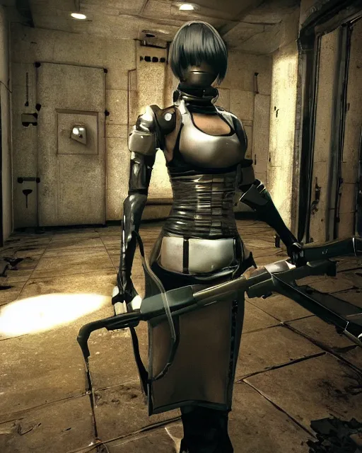 Image similar to film still 2 b nier automata from the video game half life ( 1 9 9 8 ). photographic, photography