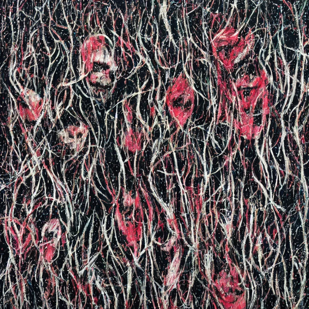 Image similar to camo made of teeth, smiling, abstract, francis bacon artwork, cryptic, dots, spots, stipple, lines, splotch, color tearing, pitch bending, faceless people, dark, ominous, eerie, hearts, minimal, points, technical, old painting, neon colors, folds