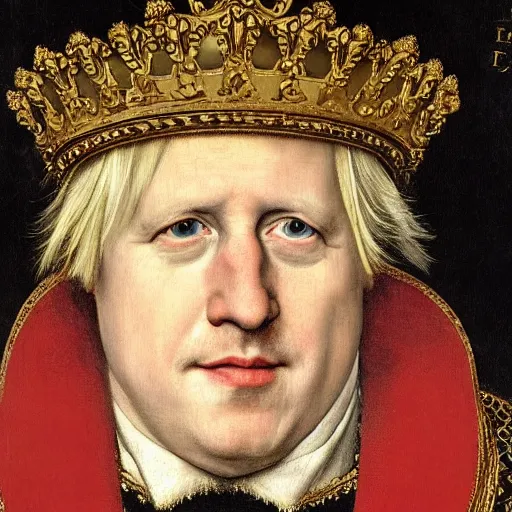 Image similar to a royal portrait of boris johnson as a king, painted by hans holbein, British Museum