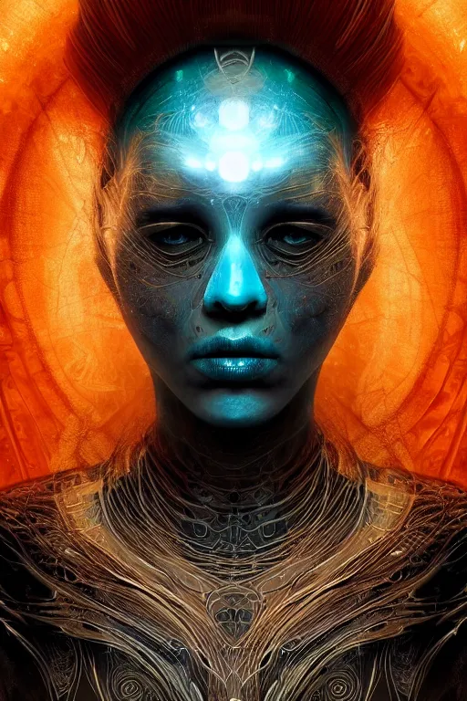 Image similar to a centered render of an ancient futuristic shaman with digital modifications surrounded by a underwater ink pour and flowing liquid gallium and complex sacred geometry, perfect body and face, powerful, cinematic, beautifully lit, by artgerm, by karol bak, 3 d, trending on artstation, octane render, 8 k