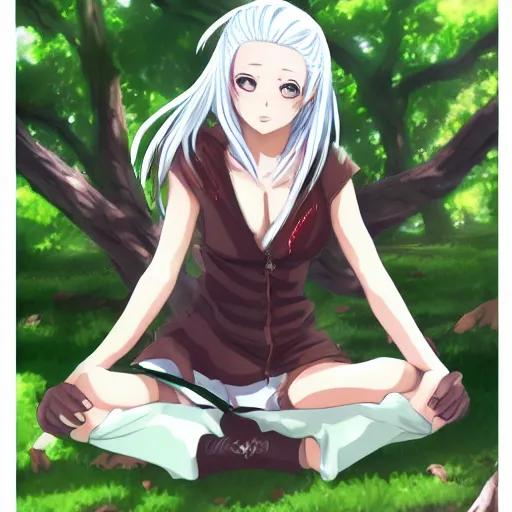 Prompt: beautiful anime girl with white hair sitting next to a tree which was formerly a human, artstation, high quality, highly detailed, drawn wpl