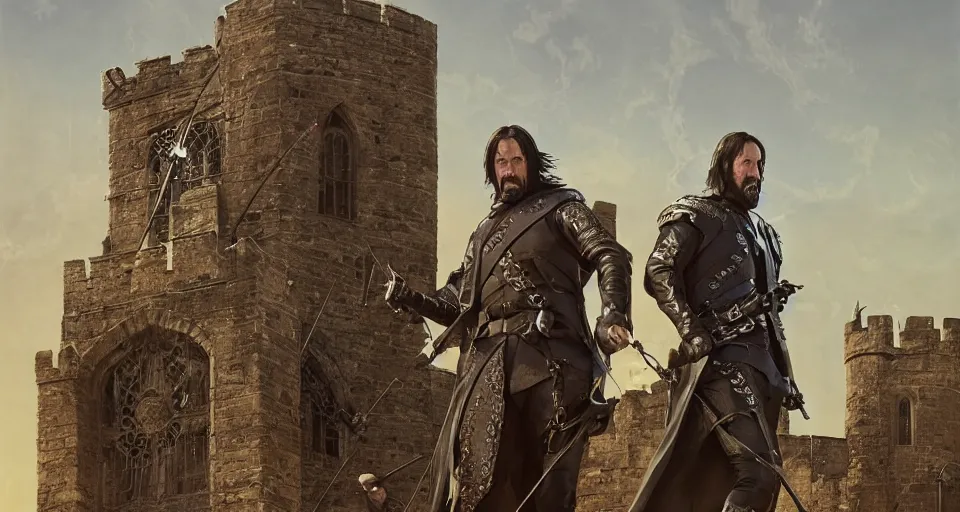 Image similar to john wick and Simon peck as medieval bowmen, standing on a gothic style castle wall, overlooking a bloody battlefield in the background, trending on artstation, artwork in style of peter mohrbacher, unreal engine, octane render, intricate details, 8k high definition, beauriful, ornate, hyperrealistic