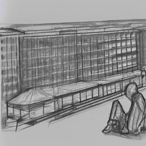 Prompt: a pencil sketch of 2 people sitting on the edge of a building looking away from the camera, tall rectangular buildings in the background, planes flying overhead