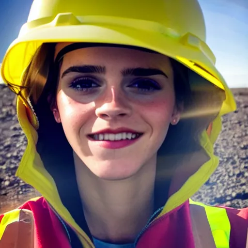 Prompt: photo, close up, emma watson in a hi vis vest, in dusty open pit mine, android cameraphone, lens flare, 2 6 mm,