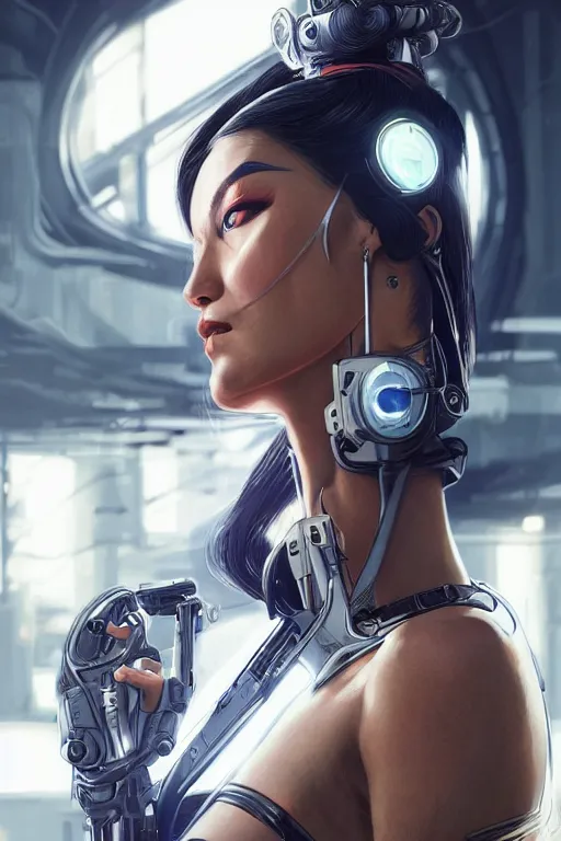 Image similar to Photorealistic illustration, geisha cyborg woman with fashion balanciaga clothe six digital eyes , cyberpunk 2077, sci-fi, futuristic, intricate, elegant, highly detailed, digital painting, artstation, concept art, smooth, sharp focus, art by artgerm, greg rutkowski and alphonse mucha