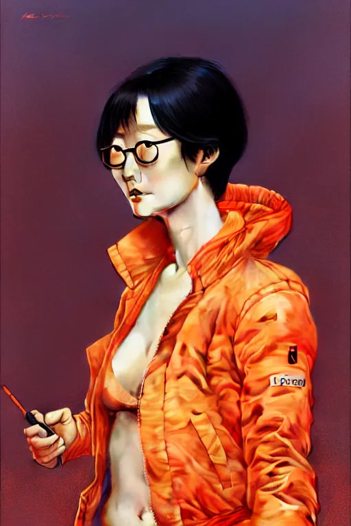 Image similar to thin japanese woman with short black hair, thick round spectacles, wearing a bright orange bomber jacket, seductive communist dark fantasy, art by artgerm and karol bak and moebius and alphonse mucha and greg rutkowski, hyperdetailed, ultrarealistic, octane render