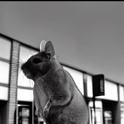 Image similar to tall and fit female anthropomorphic chinchilla mall security guard, cinematic still, daylight, 1980s, hyperrealistic