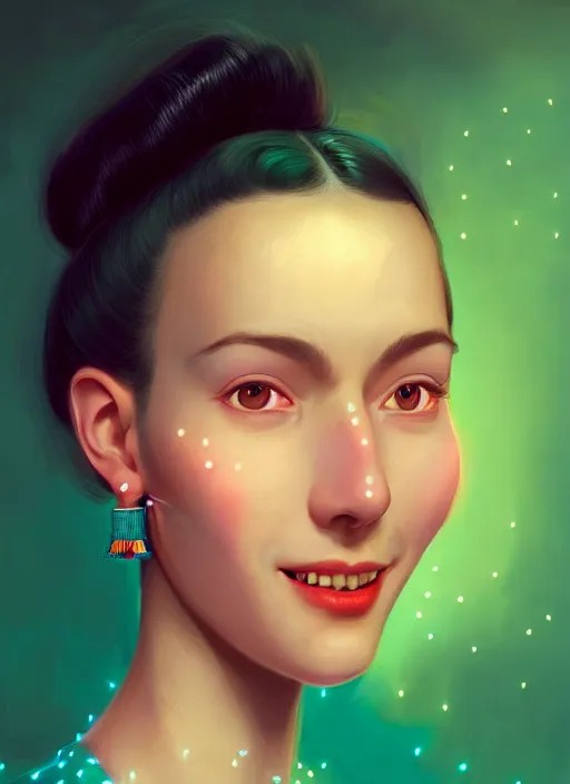 Image similar to portrait of high school girl, realistic, black hair, bangs, half updo hairstyle, pointy nose, skinny, smile, ugly, defined jawline, big chin, teal hair bow, earrings, intricate, elegant, glowing lights, highly detailed, digital painting, artstation, sharp focus, illustration, art by wlop, mars ravelo and greg rutkowski