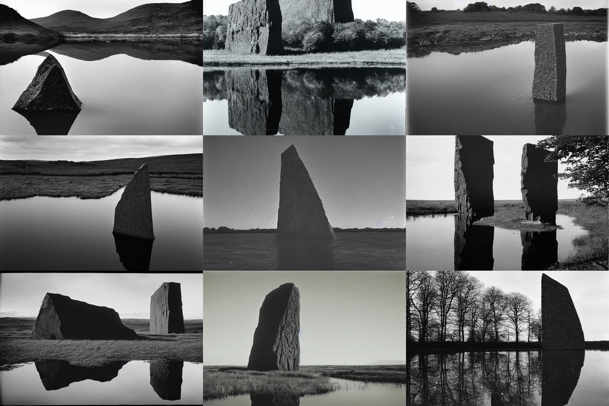 Prompt: rhomboid alien monolith emerging from still pond, wales, film grain, 3 5 mm lens, classified government archive