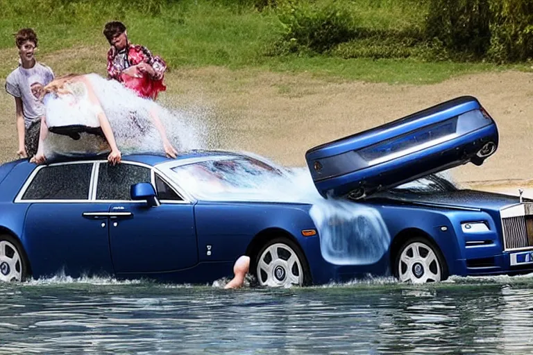 Image similar to Teenagers push Rolls-Royce into lake with their hands from a small slide wanting to drown him