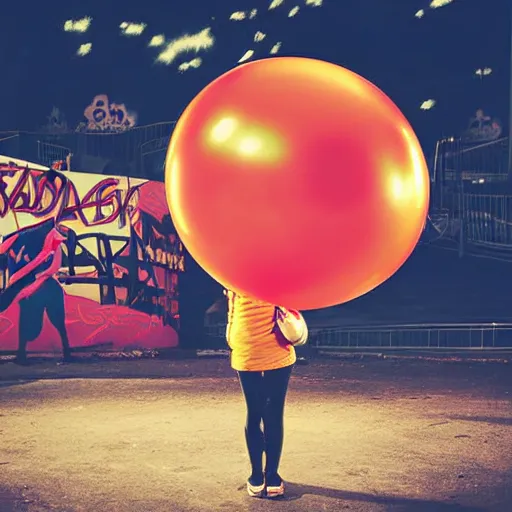 Image similar to a girl holding a balloon at a fairground. buildings with graffiti in the background. silhouette. night. photograph in the style of simon stalenhag