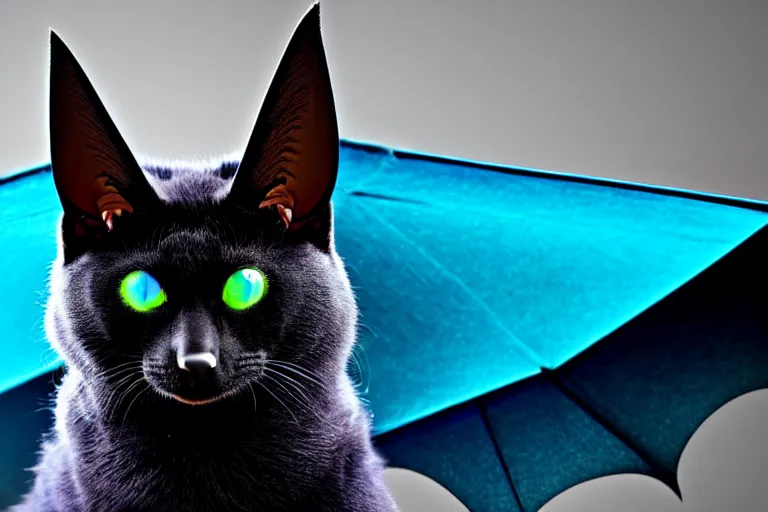 Image similar to a blue - and - black male heterochromatic catbat fursona with blue / green heterochromatic eyes ( differently - colored eyes, one green, one blue ) and huge bat ears, photo of the catbat streaming on his computer