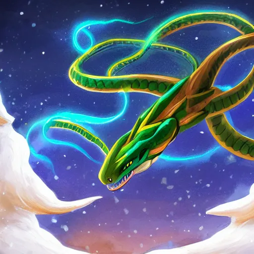Image similar to rayquaza the snake like dragon pokemon flying in the sky, regal, imposing, dark, winter, snow, beautiful, stunning, hd, illustration, epic, d & d, fantasy, intricate, elegant, highly detailed, wide angle, digital painting, artstation, concept art, smooth, sharp focus, illustration, wallpaper, art featured on artstation