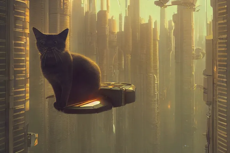 Image similar to cat high up in the sky, cyberpunk art by mike winkelmann, trending on cgsociety, retrofuturism, reimagined by industrial light and magic, darksynth, sci - fi