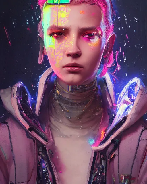 Image similar to detailed portrait Young Gangster Girl cyberpunk futuristic (neon) corporate styled hair Reflective holographic puffy cybernetic coat, decorated traditional ornaments by Carl Spitzweg ismail inceoglu dragan bibin hans thoma greg rutkowski Alexandros Pyromallis Nekro illustrated Perfect face, fine details, realistic shaded, fine-face, pretty face
