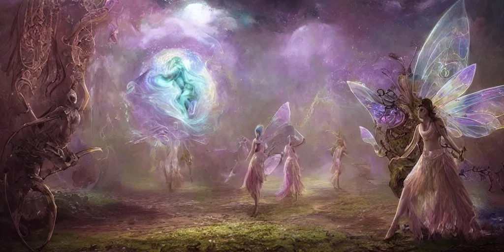 Image similar to concept art of translucent glowing fairies dancing, lovecraftian, renaissance, melting, round moon, rich clouds, fighting the horrors of the unknown, very detailed, volumetric light, mist, fine art, decaying, textured oil over canvas, epic fantasy art, very colorful, ornate intricate scales