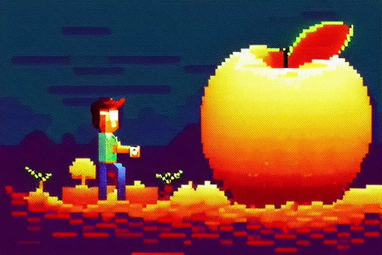 Image similar to a man inside of an apple that floats down a river, beautiful detailed pixelart by albertov, intricate details, beautiful, dithered gradients, volumetric lighting, cgsociety, artstation, smooth, sharp focus, 2 d illustration, amazing art by dan mumford