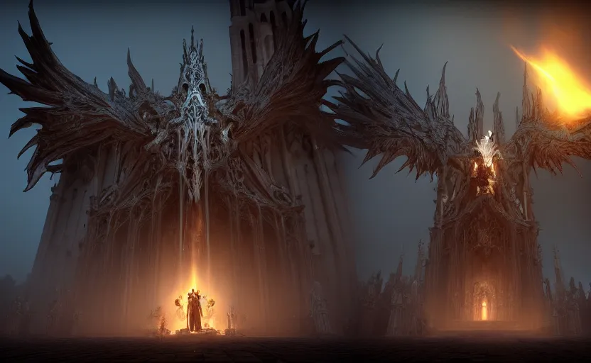 Image similar to Diablo 3 Tyrael standing in front of the Sagrada Familia, epic, heroic, featured on artstation, 4k, dark lighting, unreal engine 5