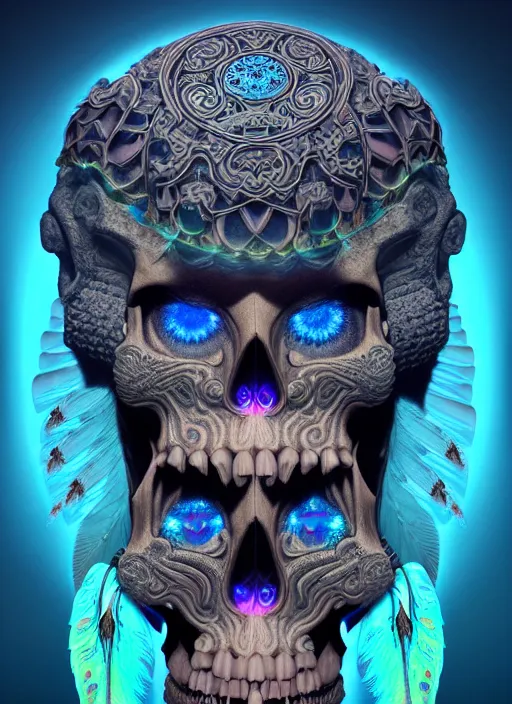 Image similar to 3 d shaman with tattoos profile portrait, sigma 5 0 0 mm f / 5. beautiful intricate highly detailed quetzalcoatl skull and feathers. bioluminescent, plasma, lava, ice, water, wind, creature, thunderstorm! artwork by tooth wu and wlop and beeple and greg rutkowski, 8 k trending on artstation,