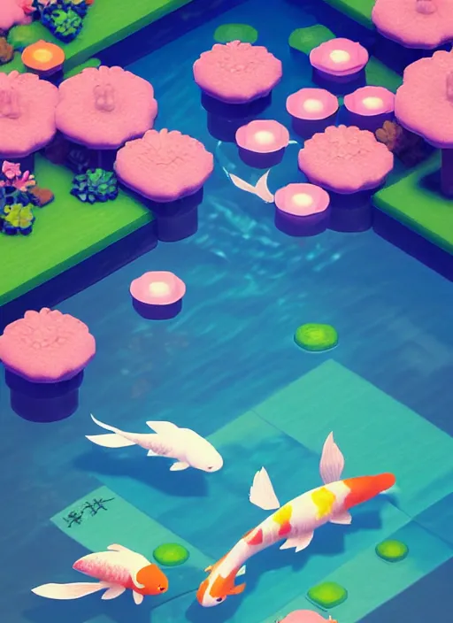 Image similar to Amazon pastel cute voxel art of a koi pond, behance, artstation, cute, Japanese, 3d render, unity, beautiful lighting, extremely beautiful, Huang Guangjian and Gil Elvgren and Sachin Teng , Greg Manchess