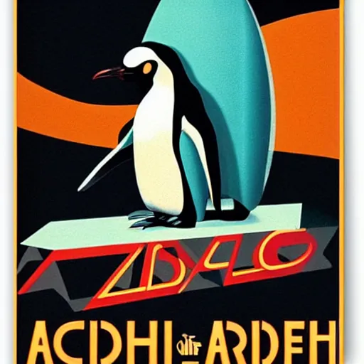 Image similar to “Art Deco retro movie poster advertising arch Linux including an arch and a penguin and the word ARCH”