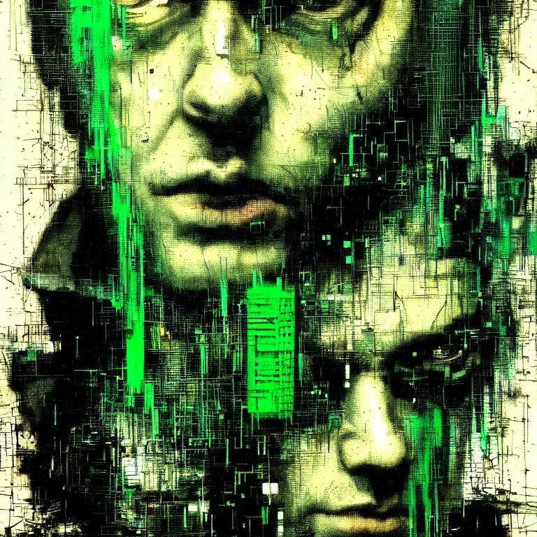 Image similar to portrait of a cyberpunk man, mysterious, glitch effects over the eyes, by Guy Denning, by Johannes Itten, by Russ Mills, glitch art, hacking effects, chromatic, cyberpunk, intricate detail, Blue and Green, color blocking, oil on canvas, concept art, abstract, trending on artstation, masterpiece