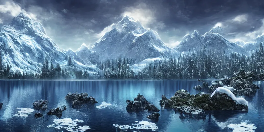 Image similar to a hyper realistic professional photographic view picture of a heavenly snow mountain with a dark blue lake in front of it, photographic filter unreal engine 5 realistic hyperdetailed 8k ultradetail cinematic concept art volumetric lighting, fantasy artwork, very beautiful scenery, very realistic painting effect, hd, hdr, cinematic 4k wallpaper, 8k, ultra detailed, high resolution, artstation trending on artstation in the style of Albert Dros glowing rich colors powerful imagery nasa footage drone footage drone photography