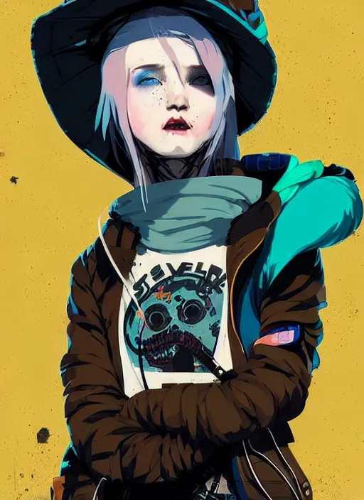 Image similar to highly detailed portrait of a sewer punk lady student, blue eyes, tartan hoody, hat, white hair by atey ghailan, by greg rutkowski, by greg tocchini, by james gilleard, by joe fenton, by kaethe butcher, gradient yellow, black, brown and cyan color scheme, grunge aesthetic!!! ( ( graffiti tag wall ) )