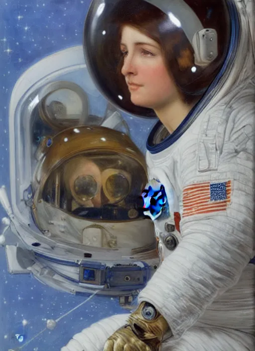 Prompt: Beautiful NASA astronaut in space, portrait by john william waterhouse and Edwin Longsden Long and Theodore Ralli, oil on canvas. Cinematic, hyper realism, realistic proportions, dramatic lighting, high detail 4k