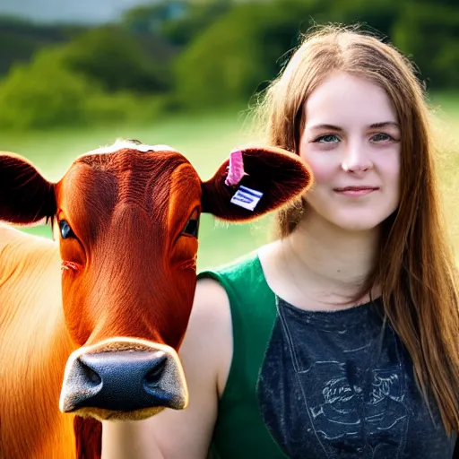 Prompt: a photo of young woman with cow's face