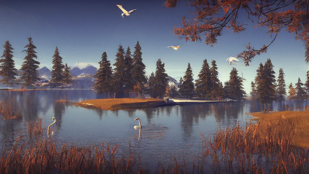 Prompt: beautiful canadian landscape by the lake, reflective, swans in the lake, winter, sunlight, morning, ambient lighting, life is strange artwork style,