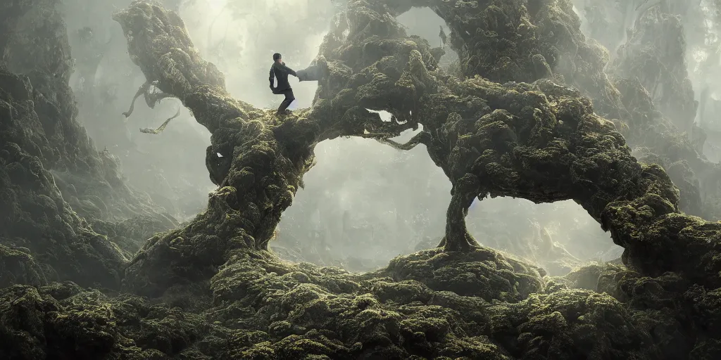 Prompt: Photorealistic intricate detailed picture of a levitating floating man made out of fungus tendrils, with arms outstretched. a gentle rising mist, an epic rocky landscape. occult photorealism, UHD, amazing depth, glowing, golden ratio, 3D octane cycle unreal engine 5, volumetric lighting, cinematic lighting, cgstation artstation concept art