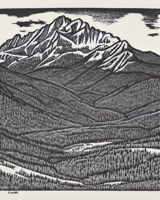 Prompt: an award winning Wood engraving on paper of The Canadian rockies