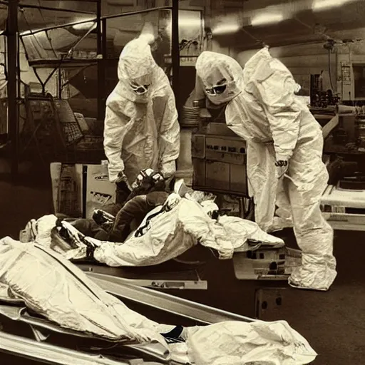 Image similar to alien on a gurney in hanger with people in hazmat suits standing around, grainy, vintage photo, sepia, old photo, realistic, detailed,