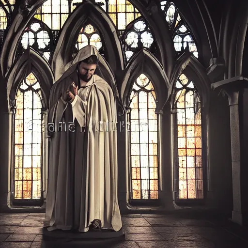 Image similar to angel protecting man who is praying inside a gothic church, cinematic style, 4K highly detailed, light studio style