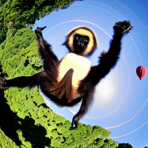 Prompt: gibbon gangling upside down from a hot - air balloon, posing for the camera, fisheye lens