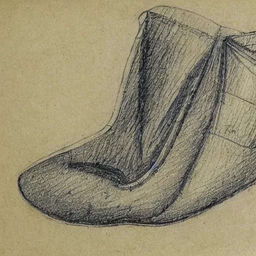 Prompt: detailed blueprint sketches of a slipper, by leonardo davinci, on yellow paper, worn, pencil, sketch