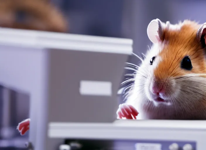 Image similar to film still of a hamster working in a research lab finding the cure for cancer, 8 k