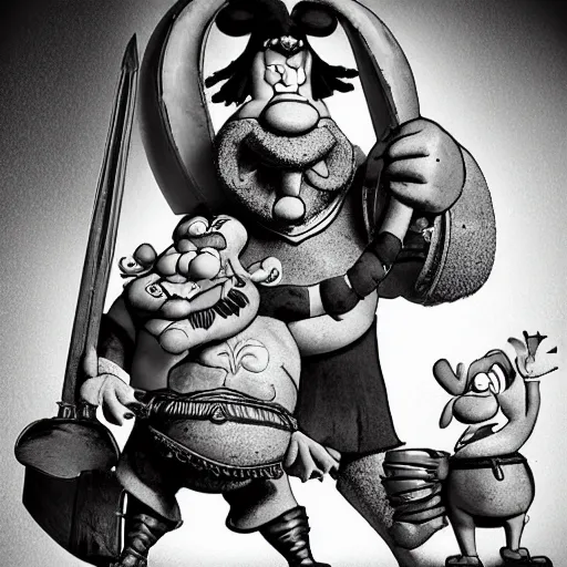 Prompt: Concept art of a gritty and realistic Asterix and Obelix noir film
