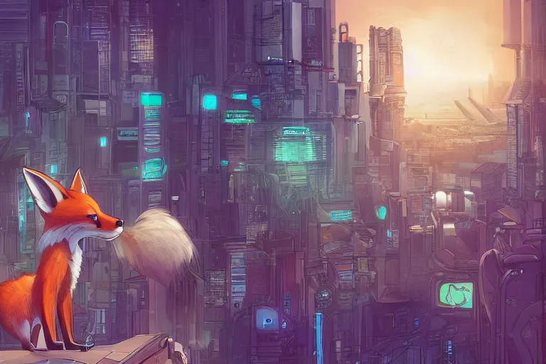 Image similar to an anthropomorphic fox with a fluffy tail staring over a futuristic city from the top of a roof, comic art, trending on furaffinity, cyberpunk, backlighting, cartoon