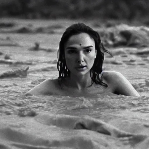 Prompt: film still, close up, gal gadot rising out of muddy vietnam river, face covered in mud, low camera angle at water level, night time, film still from apocalypse now ( 1 9 7 9 ), 2 6 mm.