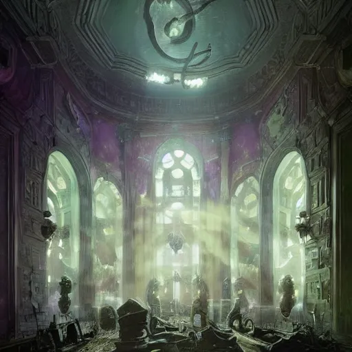 Prompt: eldritch legislature, fantasy, realistic colorful photography, interior, hyperrealism, incredible, award - winning photography, regal, rich colors, by greg rutkowski, lovecraftian, very purple