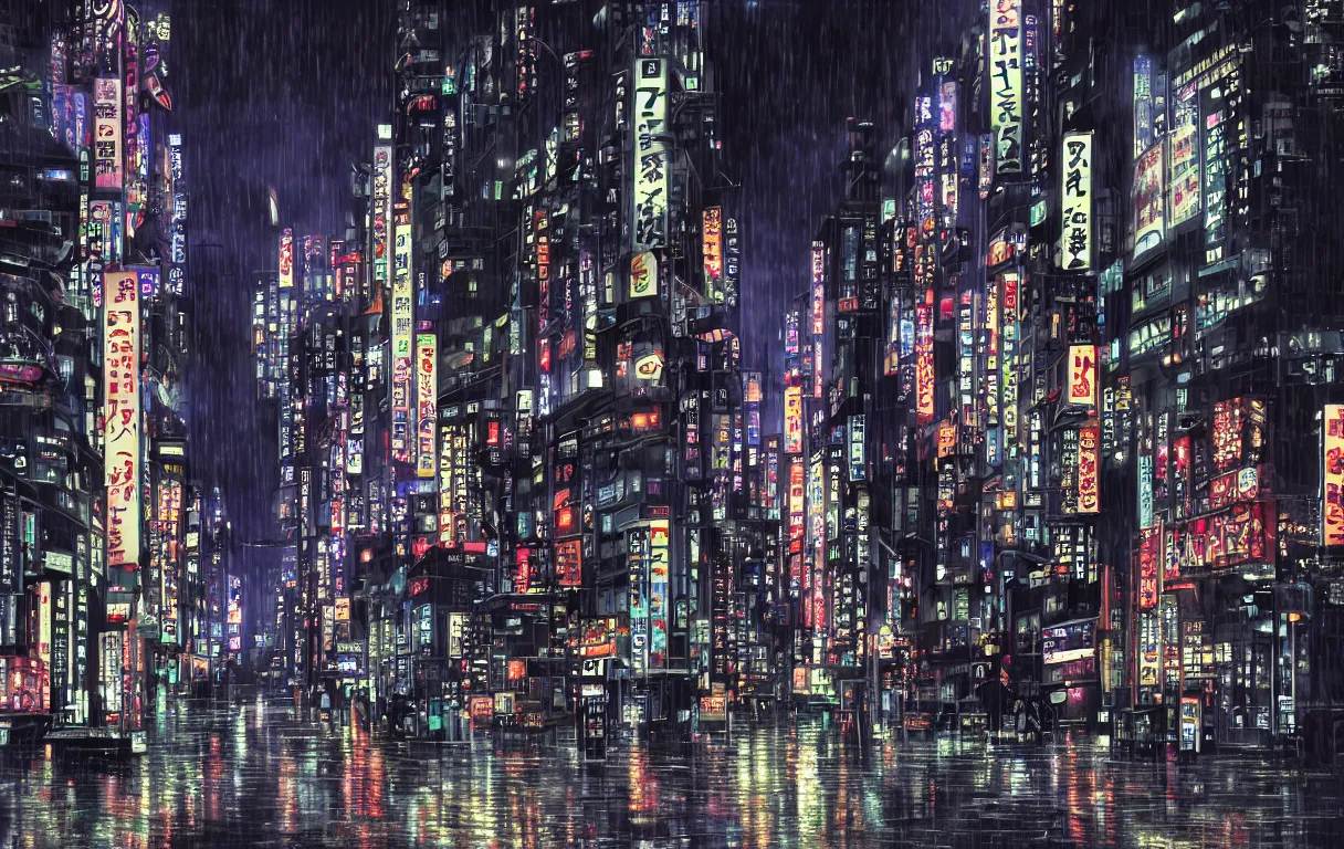 Image similar to neo tokyo at night, heavy rain, high quality, by Kirokaze