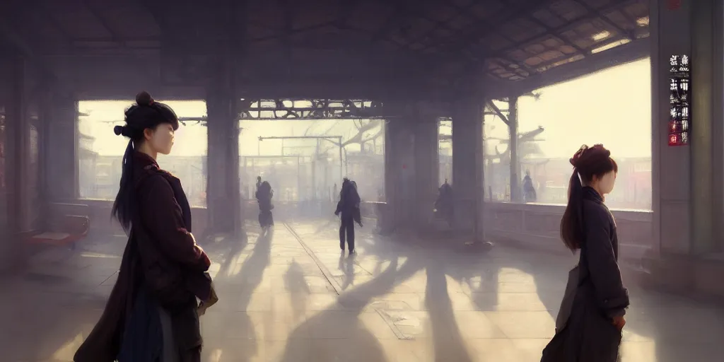 Prompt: a woman standing in a train station, train passing through behind her, she is facing to the camera, extremely detailed digital painting, in the style of fenghua zhong and ruan jia and jeremy lipking and peter mohrbacher, mystical colors, rim light, beautiful lighting, 8 k, stunning scene, raytracing, octane, trending on artstation