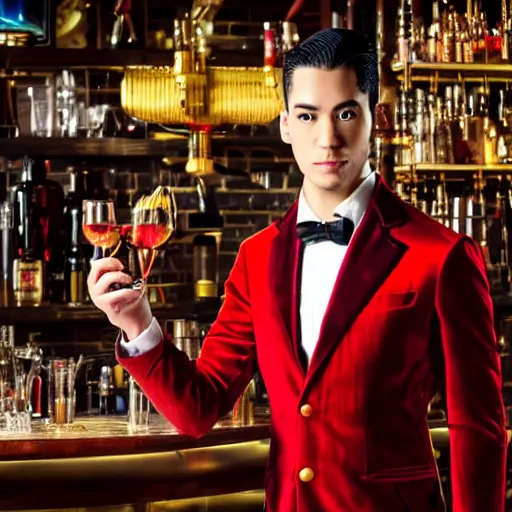 Image similar to portrait of a male cyborg bartender, chinese, slick brushed - back hair, half - robot half - human, red velvet mao suit, golden ascot, steampunk monocle, in a dark bar lit by floating lights, post - impressionist