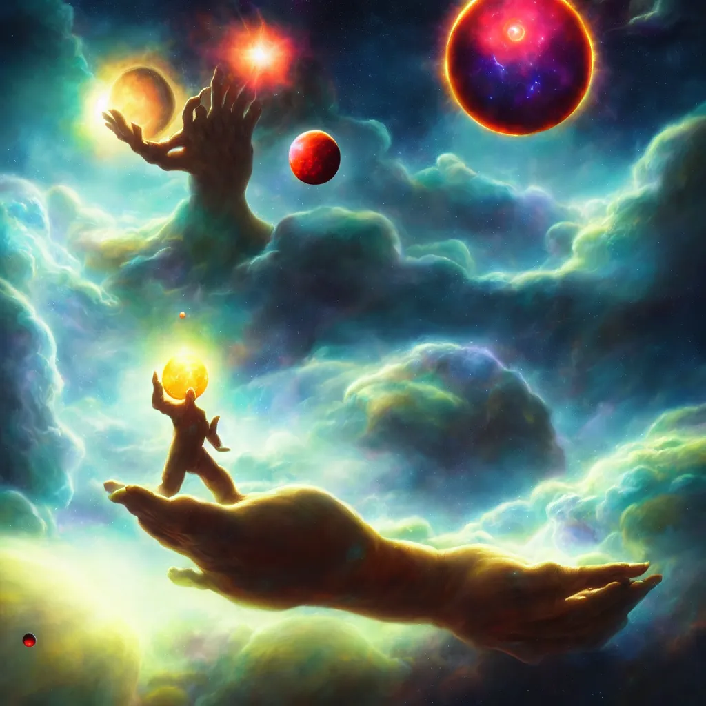 Prompt: giant celestial god levitating a solar system between it's hands, space, planet, clouds, nebula, creature, monster, alien, colorful, high constrast, lens flare, oil painting, detailed, 4 k, 8 k, peter mohrbacher